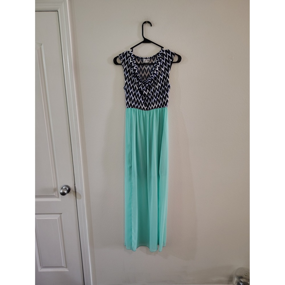 Sweet Storm Chevron Maxi Dress Mint Green Navy Blue White Cowl Neck Sleeveless S
